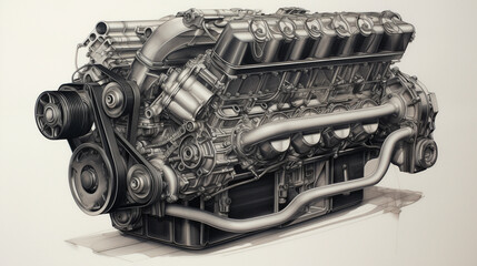 blueprint style technical drawing and illustration of a v8 engine gas powered  - obrazy, fototapety, plakaty