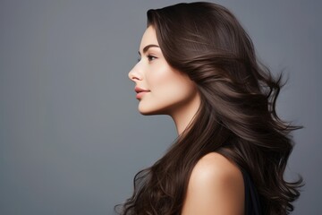 Portrait of attractive brown woman in profile with long chic hair on gray background with copy space.
