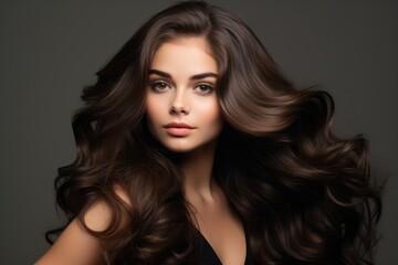 Fototapeta premium Portrait of an attractive shade girl with waving long chic hair on gray background, close-up.