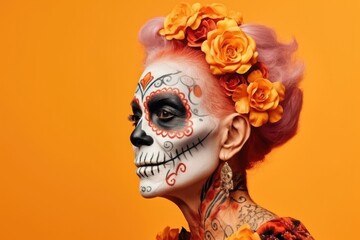 Portrait of an elderly woman with holiday makeup of the day of her death on an orange background.
