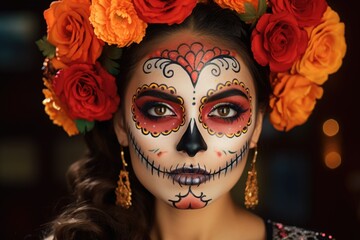 Portrait of an attractive brown-haired woman with holiday makeup of the day of death, close-up.