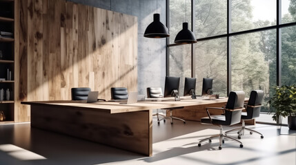 Modern work office with wooden deck in a clean and bright environment.
