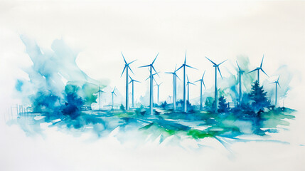 Illustrated wind turbines with green fields and blue skies, feelings of environmental sustainability and green energy progress. - obrazy, fototapety, plakaty