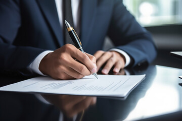 A close-up shot of a person's hand holding a pen and signing a contract on a sleek desk, Business