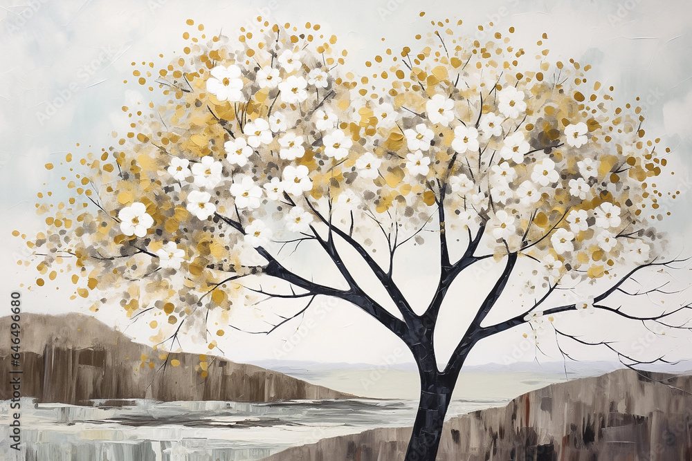 Poster digital oil painting of a blossom tree. generative ai