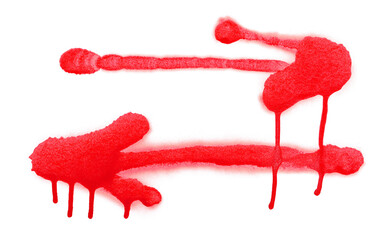 Red spray painted, stained graffiti arrows pointing in different directions isolated on white 