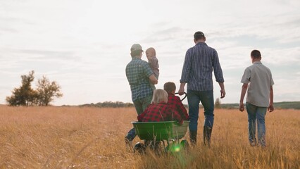 Farmer pulls cart with little children walking with family in field at sunset