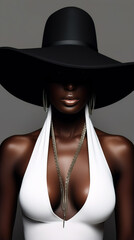 Portrait of African fashion model in white dress with ample clevage and large black hat