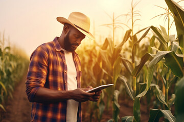 African American farmer using technology in front of his corn field, performance and modern farming