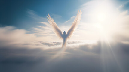 Angel flying in the sky above the clouds