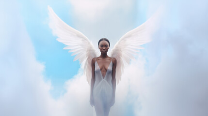 Portrait of Black afro American female angel  in the sky 
