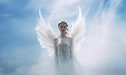 Portrait of gentle female angel with eyes closed  up in the sky
