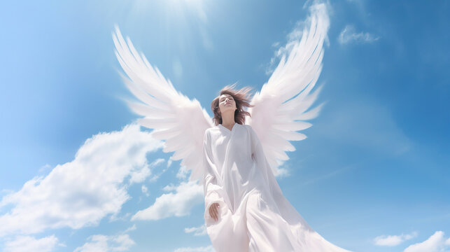 Beautiful female angel resting in the sky under the sunlight