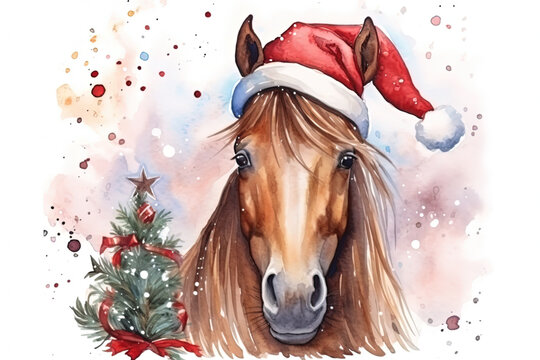 Cute horse in Christmas outfit in the snow. Watercolor animal illustration. Seasons greetings