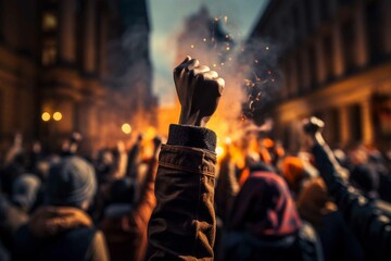 Raised fist of afro american man in large angry protest riot crowd of people - obrazy, fototapety, plakaty