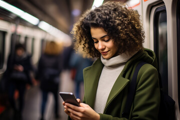 Candid Shot of a Woman Engrossed in Smartphone Work During Subway Journey. created with Generative AI