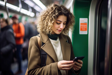 Candid Shot of a Woman Engrossed in Smartphone Work During Subway Journey. created with Generative AI