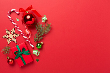 Christmas flat lay composition on color background, top view