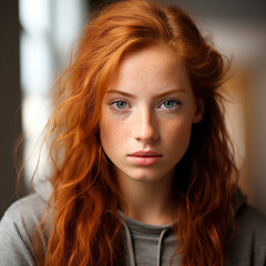 Fototapeta premium Close-up portrait of a beautiful red-haired young girl on a white background. Studio shooting with soft light. A young woman with bright eyes without a smile.