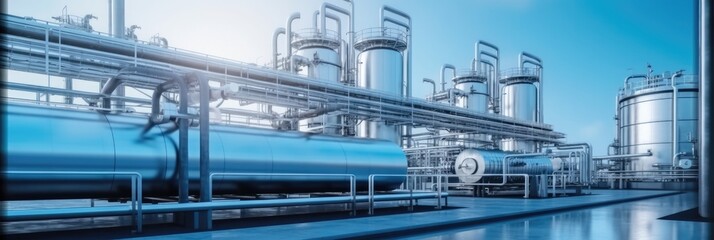 Fototapeta premium Hydrogen power plant with large steel tanks and pipes, Clean H2 energy concept.