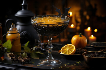 A glass goblet with a creative colored Halloween-style cocktail in a light haze. Cocktail on a dark background with scary decorations.