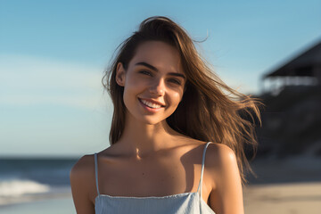 beach portrait of Young beautiful woman, Generative AI