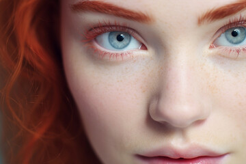 Obraz premium Close up of face of beautiful woman with blue eyes, red lashes, red hair and freckles