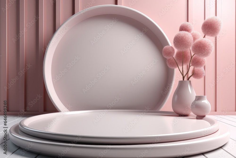 Poster mock up with podium for product display, pink tone, minimal background, 3d rendering.