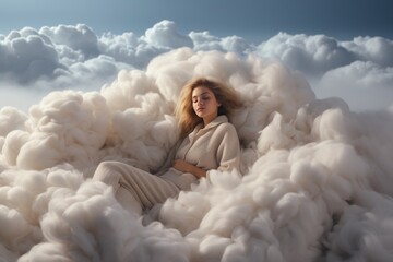 Comfortable bed on clouds. Paradise or heaven. Woman have a rest or nap. - Powered by Adobe