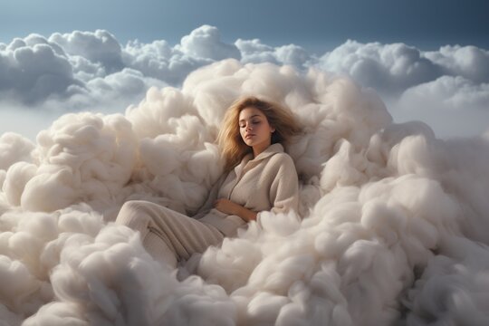 Comfortable bed on clouds. Paradise or heaven. Woman have a rest or nap.