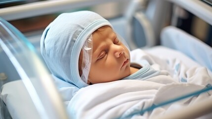 Newborn baby sleeping in crib in hospital. - obrazy, fototapety, plakaty