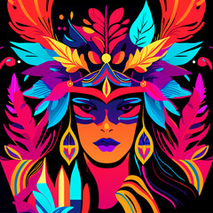 Fototapeta premium Vector illustration of a beautiful woman in a headdress with feathers.