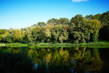 Fototapeta na wymiar City lake in autumn park landscape background