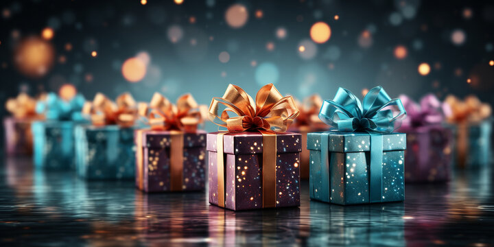 Sch&ouml;ne Weihnachtsgeschenke Box in bunten Regenbogenfarben Nahaufnahme in Querformat f&uuml;r Banner, ai generativ