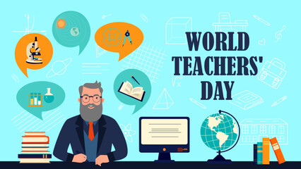 World Teachers Day. Teacher and school supplies.
