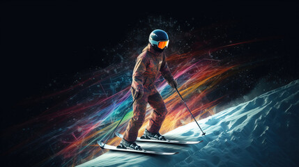 Fototapeta na wymiar Skier descends from mountains, graphic abstraction, black background. AI generated.