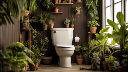 Toilet situated next to a wood wall with Various attractive indoor plants inside a room.