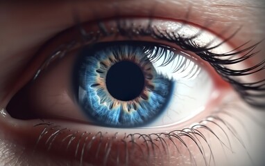 Naklejka premium Human blue eye realistic beautiful closeup zoom. AI, Generative AI