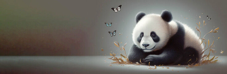 Fototapeta premium Interpretation of a fabulous little panda bear with butterflies, gradient background. AI generated.