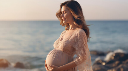 A pregnant woman enjoying a serene moment by the ocean