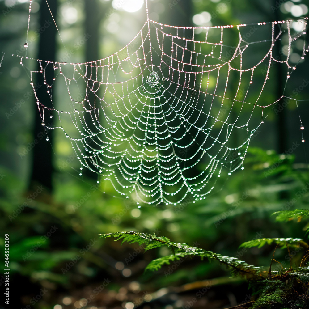 Wall mural spider web with dew drops in the forrest with sunshine backlit