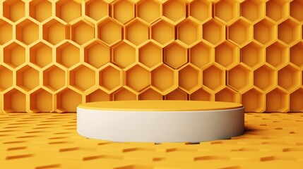 3d render studio with geometric shapes, podium on the floor Yellow honeycomb background, Platforms for product presentation, Mock up background.