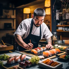 Fotobehang Sushi chef at work in kitchen  © @foxfotoco