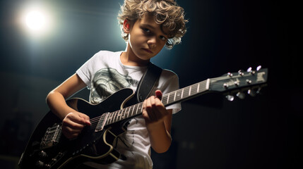 Obraz premium Teenage boy playing guitar on dark background