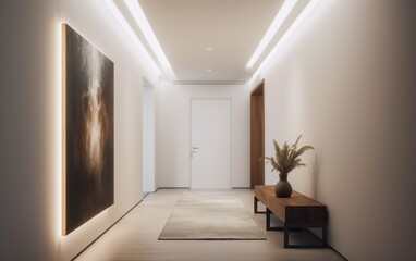 Minimalist hallway with a statement art piece and minimalistic interior. AI, Generative AI