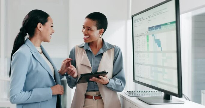 Data, meeting and women with tablet in the office for project statistics or graphs planning. Discussion, technology and financial advisors analyzing finance charts in collaboration at workplace.