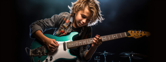 Obraz premium Teenage boy playing guitar on dark background