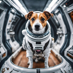 Star Dog Patron. Portrait of a brave pet in space suit with fantastic interior - 646500659
