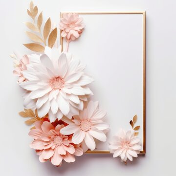 Beautiful picture for template in minimal style white and gold and light pink colours with pink flowers for the occasion of the international mother's day on a white background. Generative AI image
