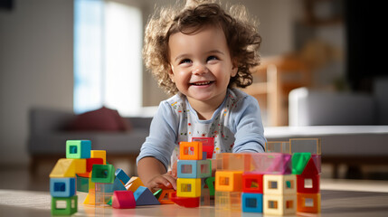 Brunette small child boy playing with colorful toy blocks, happy and smiling on blurred background of children's room - obrazy, fototapety, plakaty